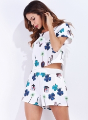 Women's Fashion Floral Print Short Sleeve Crop Top and Shorts Set