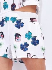 Women's Fashion Floral Print Short Sleeve Crop Top and Shorts Set