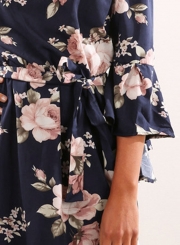 Women's Fashion off Shoulder 3/4 Sleeve Floral Print Mini Dress