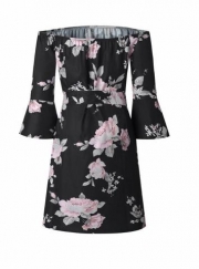 Women's Fashion off Shoulder 3/4 Sleeve Floral Print Mini Dress