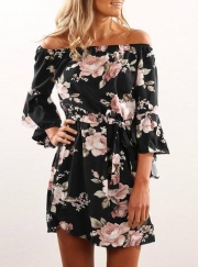 Women's Fashion off Shoulder 3/4 Sleeve Floral Print Mini Dress