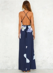 Women's V Neck Backless High Slit Floral Maxi Boho Dress