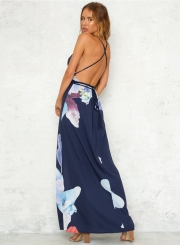 Women's V Neck Backless High Slit Floral Maxi Boho Dress