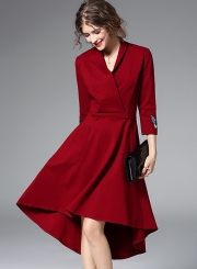 Women's Elegant V Neck 3/4 Sleeve High Low Party Dress