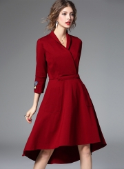 Women's Elegant V Neck 3/4 Sleeve High Low Party Dress