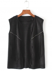 Women's Fashion Open Front Suede Sleeveless Rivets Tassels Vest