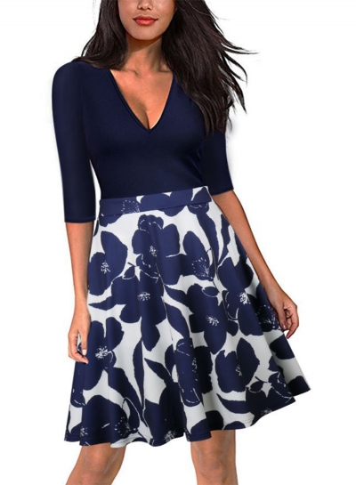 Women's V Neck Half Sleeve Print Dress YOUYOUFASHIONEC.com