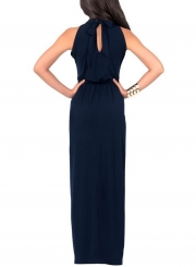 Women's Solid Halter Sleeveless Knot front Maxi Dress