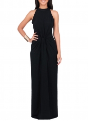 Women's Solid Halter Sleeveless Knot front Maxi Dress