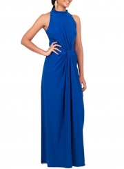 Women's Solid Halter Sleeveless Knot front Maxi Dress