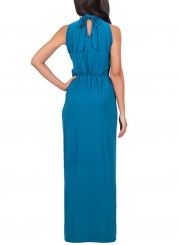 Women's Solid Halter Sleeveless Knot front Maxi Dress