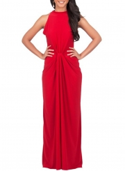 Women's Solid Halter Sleeveless Knot front Maxi Dress