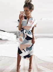 Women's V Neck Short Sleeve Square Print Midi Dress