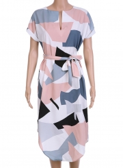 Women's V Neck Short Sleeve Square Print Midi Dress