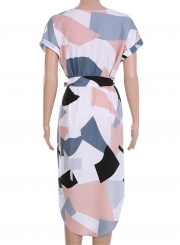 Women's V Neck Short Sleeve Square Print Midi Dress