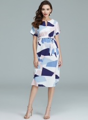 Women's V Neck Short Sleeve Square Print Midi Dress
