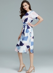 Women's V Neck Short Sleeve Square Print Midi Dress