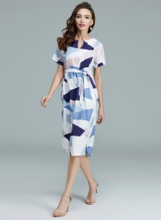 Women's V Neck Short Sleeve Square Print Midi Dress