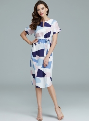 Women's V Neck Short Sleeve Square Print Midi Dress