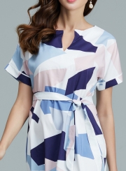 Women's V Neck Short Sleeve Square Print Midi Dress