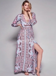 Women's Bohemian V Neck Long Sleeve High Slit Beach Floral Dress