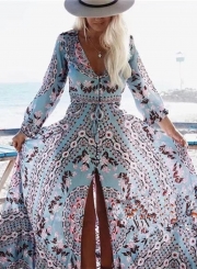 Women's Bohemian V Neck Long Sleeve High Slit Beach Floral Dress