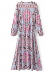 Women's Bohemian V Neck Long Sleeve High Slit Beach Floral Dress