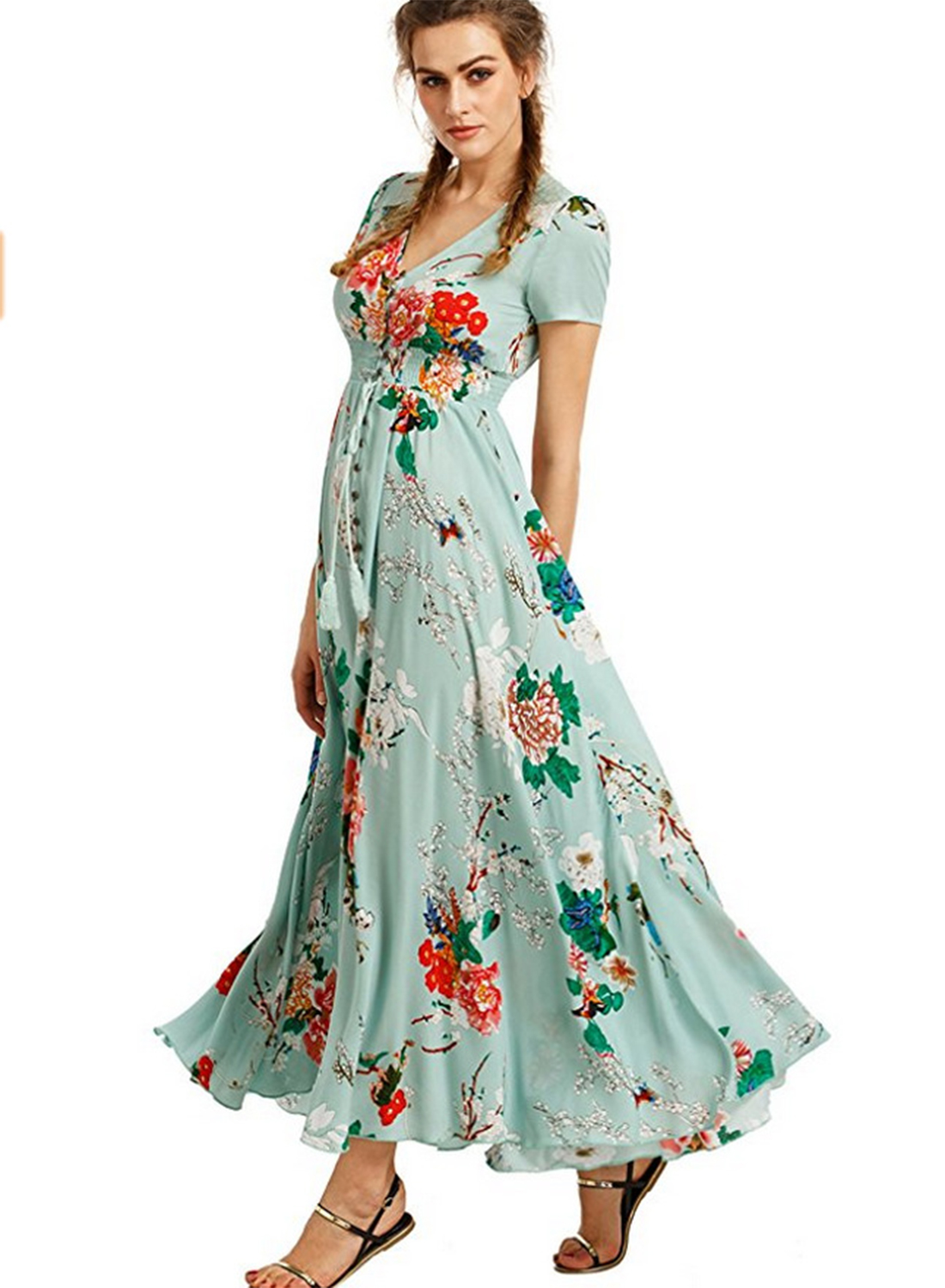 Womens Boho V Neck High Waist Slit Floral Maxi Dress 2162