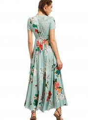 Women's Boho V Neck High Waist Slit Floral Maxi Dress