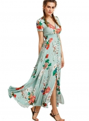 Women's Boho V Neck High Waist Slit Floral Maxi Dress