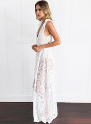 Women's V Neck High Waist Lace Maxi Dress