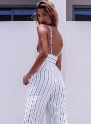 Women's Stripe V Neck Sleeveless Backless Cropped Jumpsuit