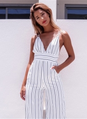 Women's Stripe V Neck Sleeveless Backless Cropped Jumpsuit