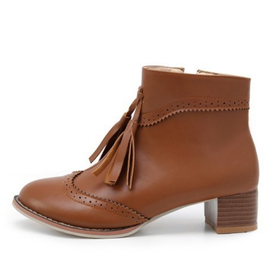 Women's Vintage Solid Block Heels Boots with Tassel stylesimo.com
