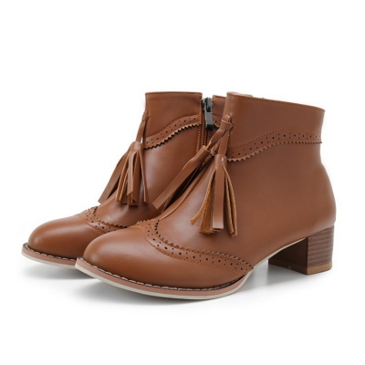 Women's Vintage Solid Block Heels Boots with Tassel stylesimo.com