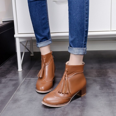 Women's Vintage Solid Block Heels Boots with Tassel stylesimo.com