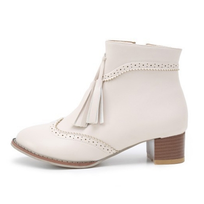 Women's Vintage Solid Block Heels Boots with Tassel stylesimo.com