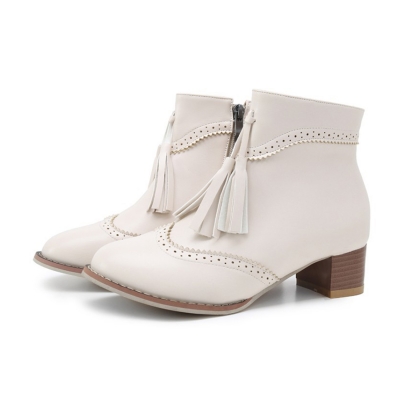 Women's Vintage Solid Block Heels Boots with Tassel stylesimo.com
