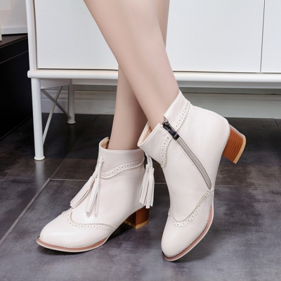 Women's Vintage Solid Block Heels Boots with Tassel stylesimo.com