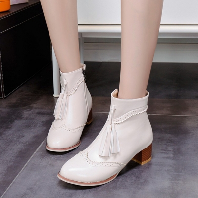 Women's Vintage Solid Block Heels Boots with Tassel stylesimo.com
