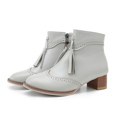 Women's Vintage Solid Block Heels Boots with Tassel stylesimo.com