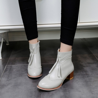 Women's Vintage Solid Block Heels Boots with Tassel stylesimo.com