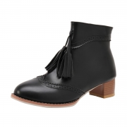 Women's Vintage Solid Block Heels Boots with Tassel