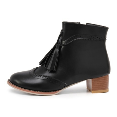 Women's Vintage Solid Block Heels Boots with Tassel stylesimo.com