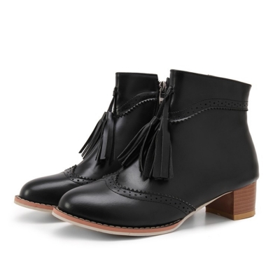 Women's Vintage Solid Block Heels Boots with Tassel stylesimo.com