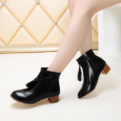 Women's Vintage Solid Block Heels Boots with Tassel stylesimo.com