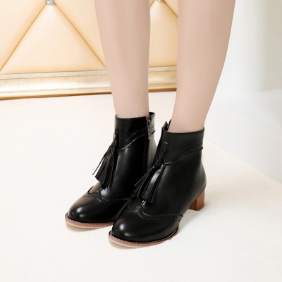 Women's Vintage Solid Block Heels Boots with Tassel stylesimo.com