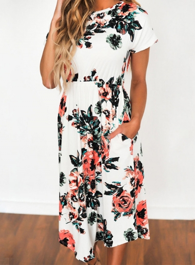 Women's Short Sleeve Floral Midi Dress YOUYOUFASHIONEC.com