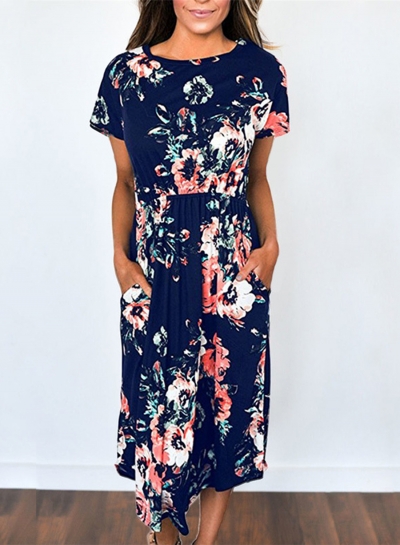 Women's Short Sleeve Floral Midi Dress STYLESIMO.com