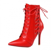 Women's Solid Pointed Toe Lace up Stiletto Heels Boots